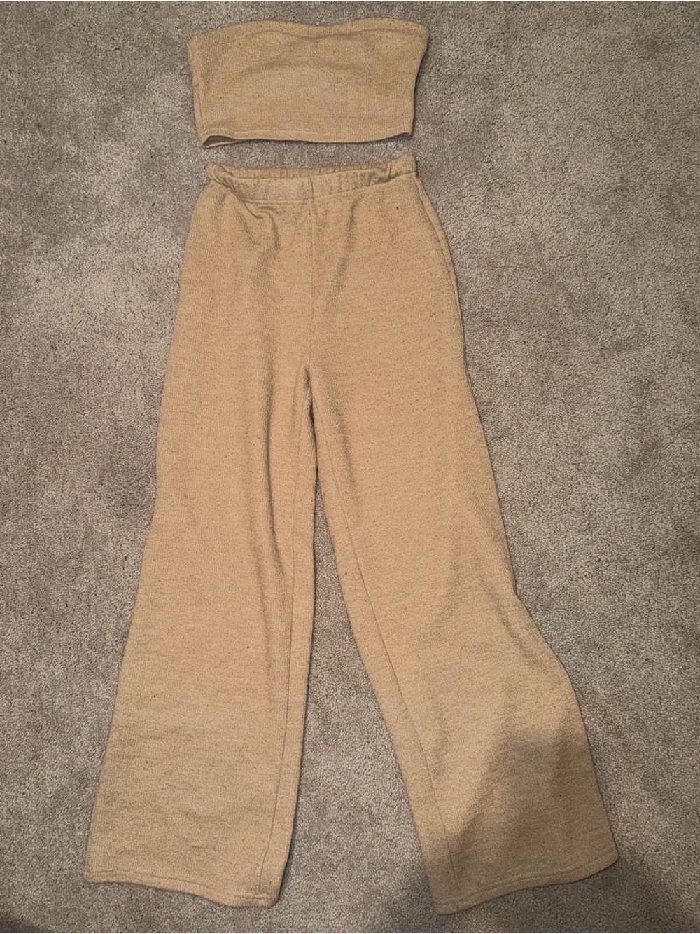 2 piece beige crop top & Knit Wide-Leg pants - Neutral Cozy Bottoms
